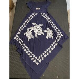 India Boutique Dress Womens One Size Blue Sea Turtle Handkerchief Hem Crochet